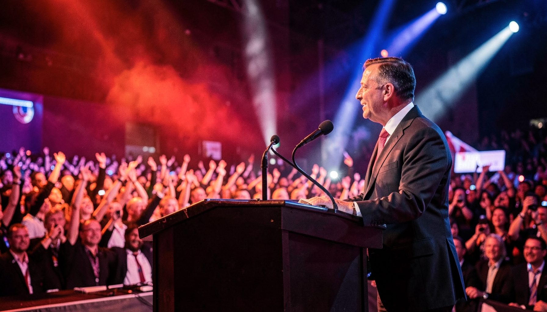 A podium with microphones at a political event, warm stage lighting, red white and blue tones, energetic crowd atmosphere